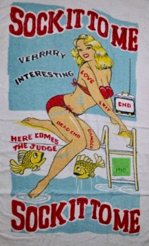 This is one classic beach towel! Based on the TV series "Laugh In", this bikini babe is surrounded by sayings from the show-very cool!